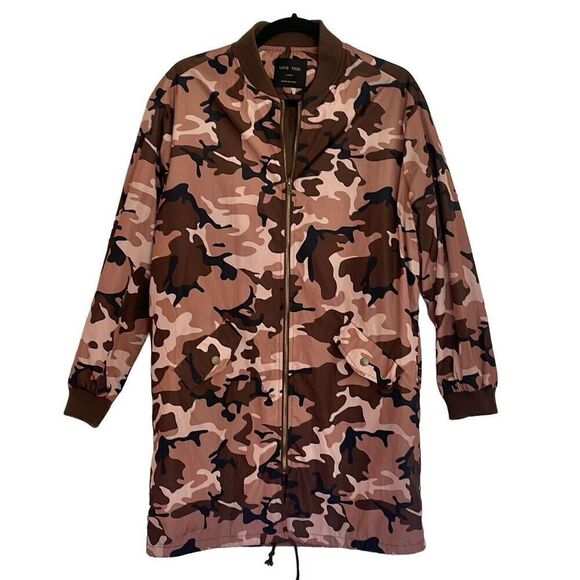 Love Tree pink brown camo long bomber jacket size large - Picture 1 of 11